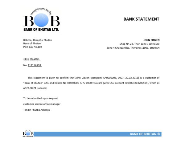 Bhutan Bank of Bhutan bank account closure reference letter template in Word and PDF format