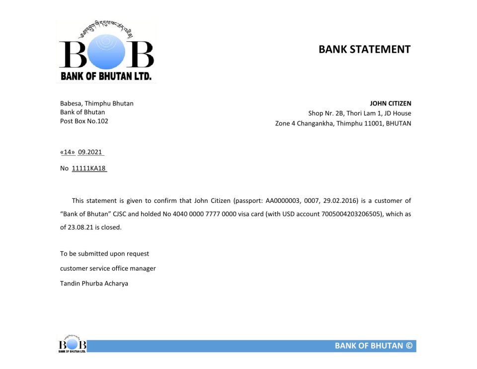 Download Bhutan Bank of Bhutan Bank Reference Letter Templates | Editable Word