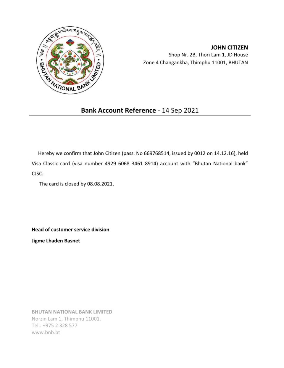 Download Bhutan National Bank Reference Letter Templates | Editable Word