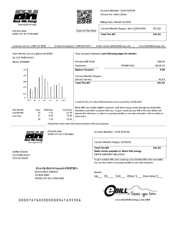 USA South Dakota Black Hills Energy utility bill template in Word and PDF format