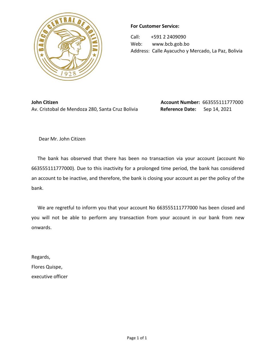 Download Bolivia Banco Central de Bank Reference Letter Templates | Editable Word