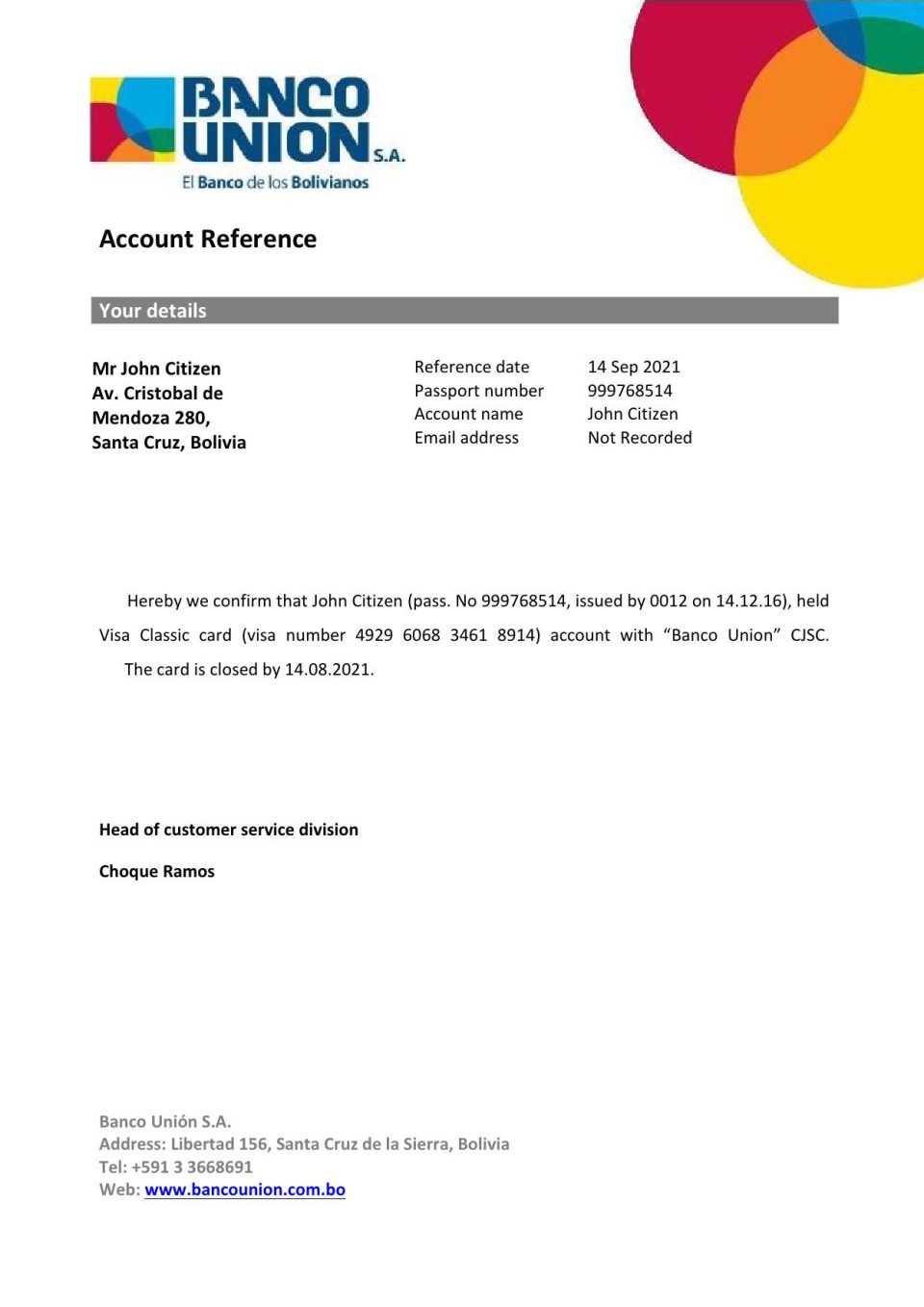 Bolivia Banco Union bank account closure reference letter template in Word and PDF format