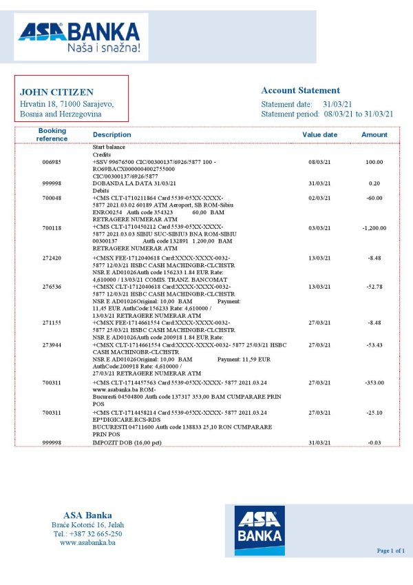 Bosnia and Herzegovina ASA Banka bank statement template in Word and PDF format