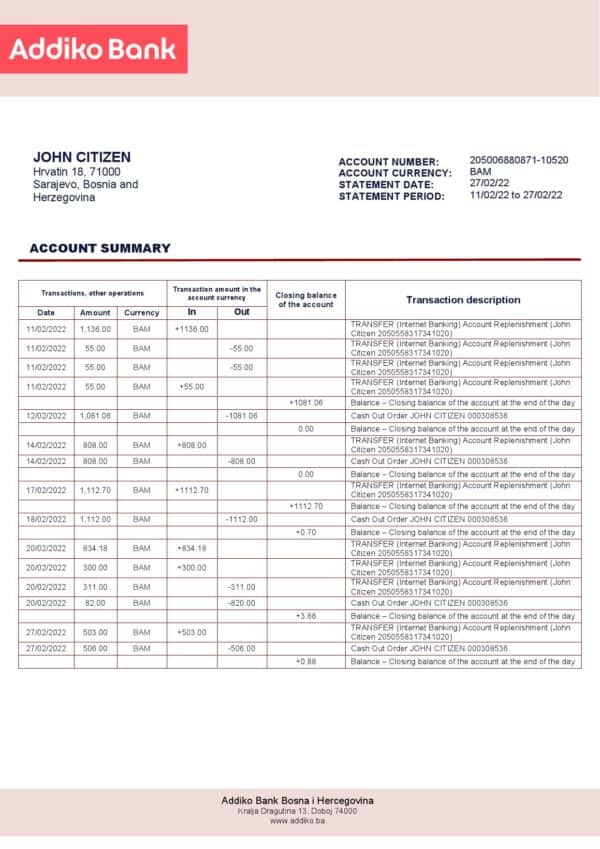 Bosnia and Herzegovina Addiko bank statement template in Word and PDF format