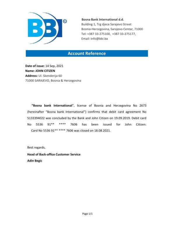 Bosnia and Herzegovina Bosna Bank International bank account closure reference letter template in Word and PDF format