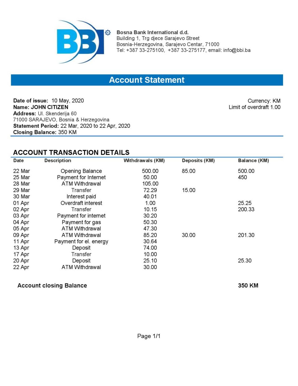 Bosnia and Herzegovina Bosna Bank International proof of address bank statement template in Word and PDF format