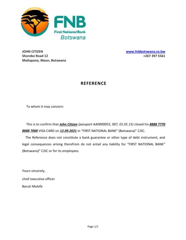 Botswana First National Bank (FNB) account closure reference letter template in Word and PDF format