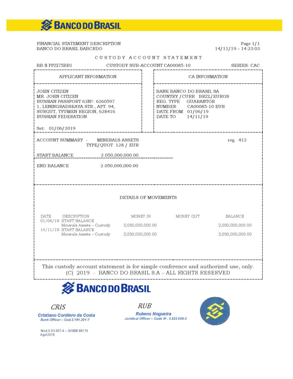 Brazil Banco do Brasil bank statement template in Word and PDF format