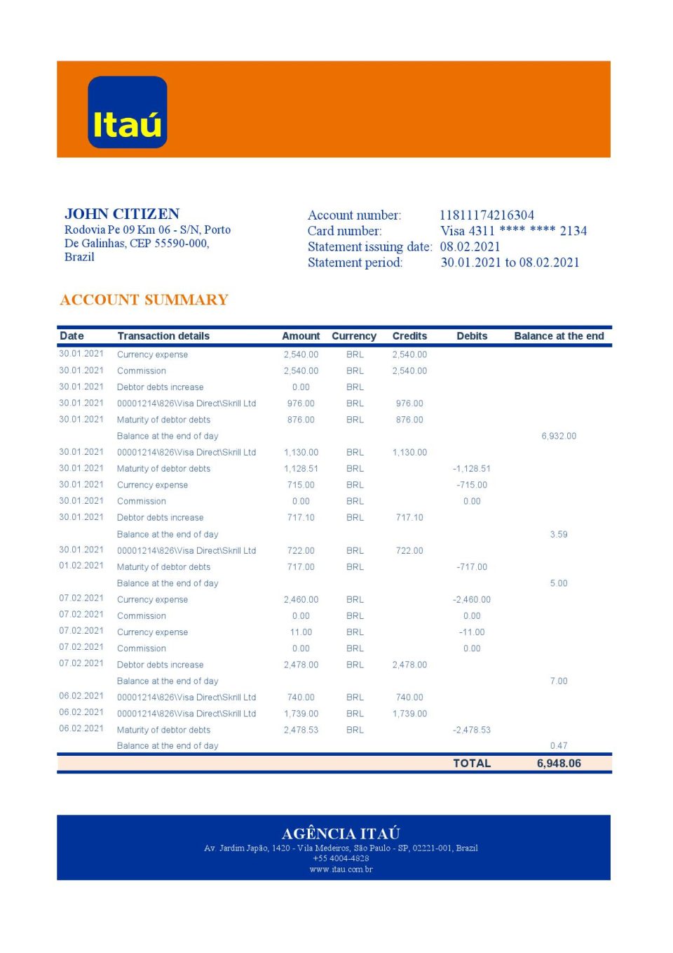 Brazil Itau bank statement template in Excel and PDF format, fully editable