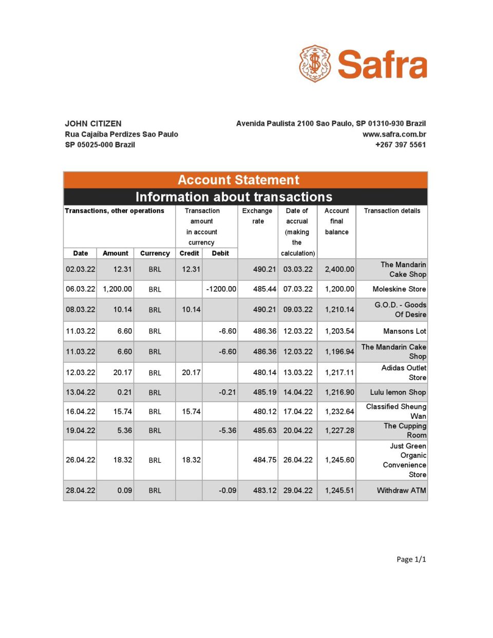 Brazil Safra bank statement template in Excel and PDF format