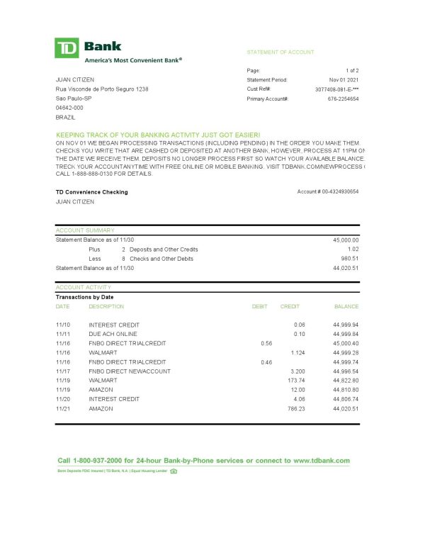 Brazil TD bank statement easy to fill template in Excel and PDF format