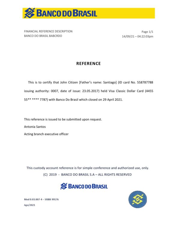 Brazil Banco do Brasil bank account closure reference letter template in Word and PDF format