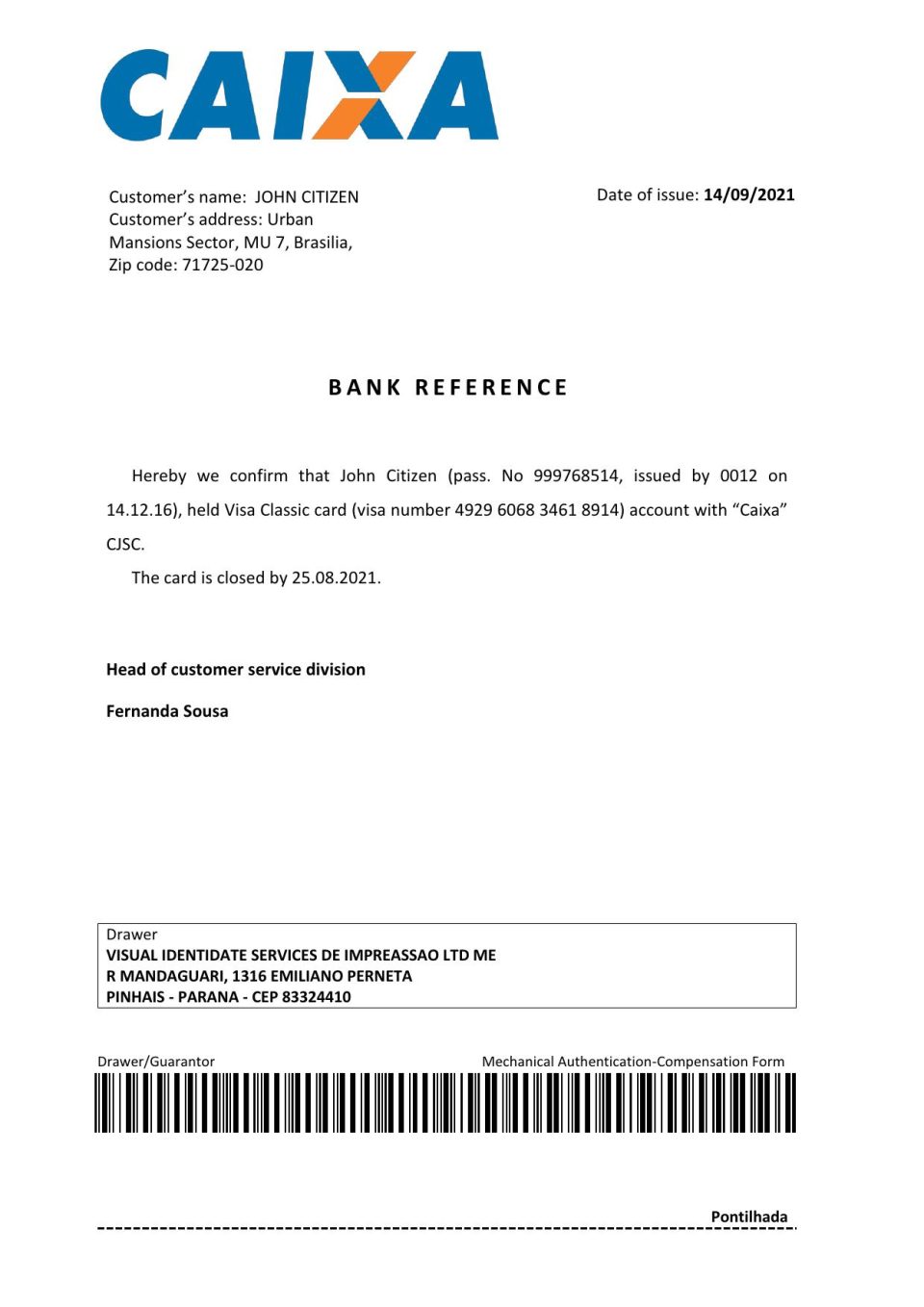 Brazil Caixa bank account closure reference letter template in Word and PDF format