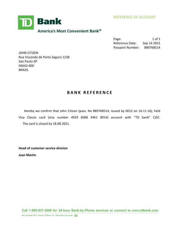 Brazil TD bank account closure reference letter template in Word and PDF format