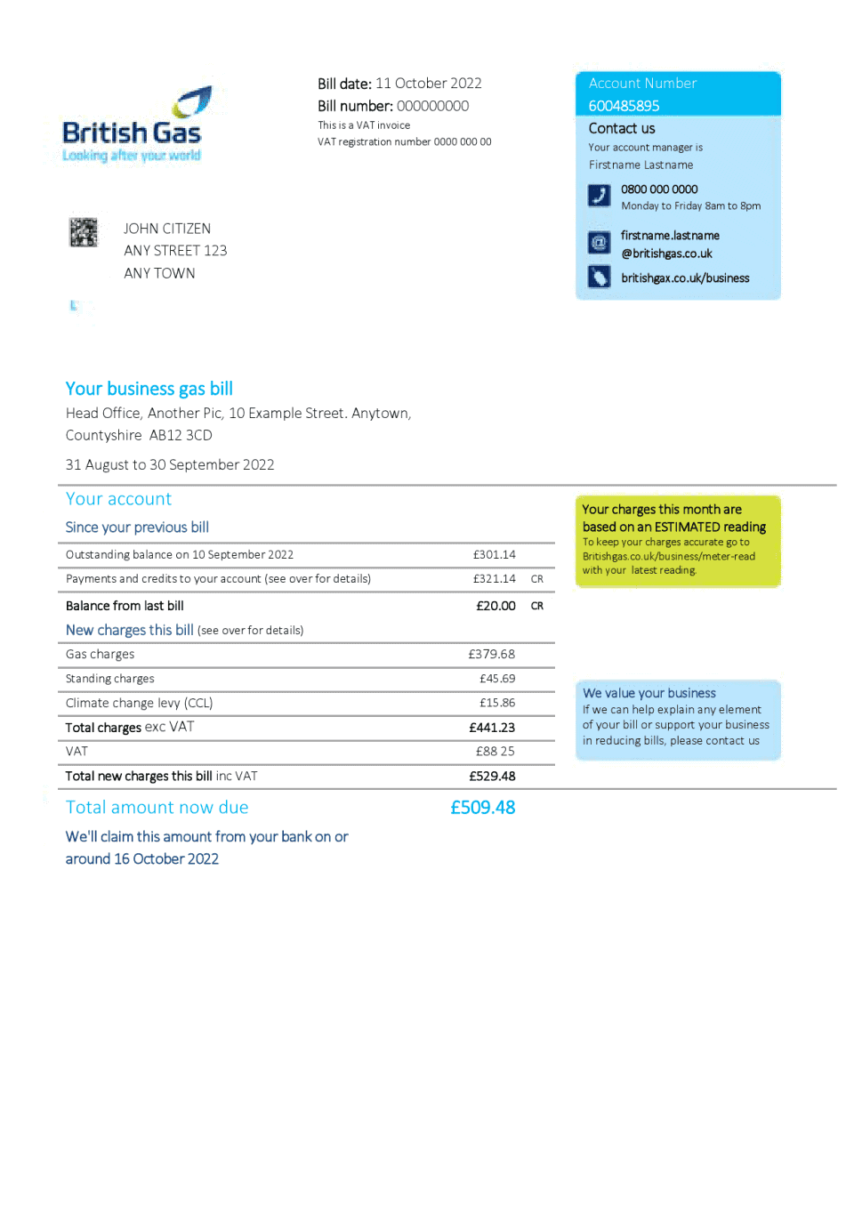 United Kingdom British Gas bill, Word and PDF template, 2 pages