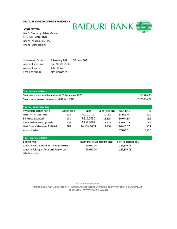 Brunei Baiduri bank statement easy to fill template in Excel and PDF format (AutoSum)