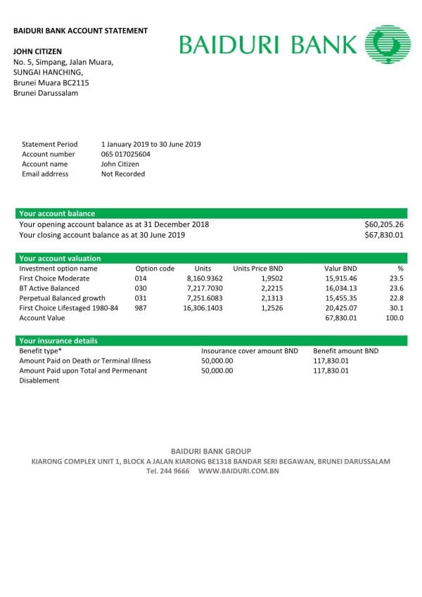 Brunei Baiduri Bank proof of addres statement template in Word and PDF format