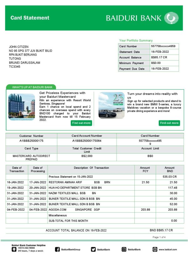 Brunei Baiduri bank card statement, Word and PDF template, 4 pages