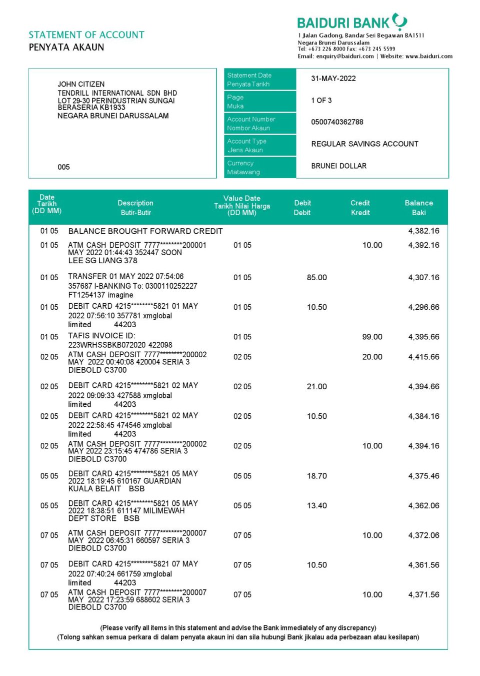 Brunei Baiduri bank statement, Word and PDF template, 3 pages