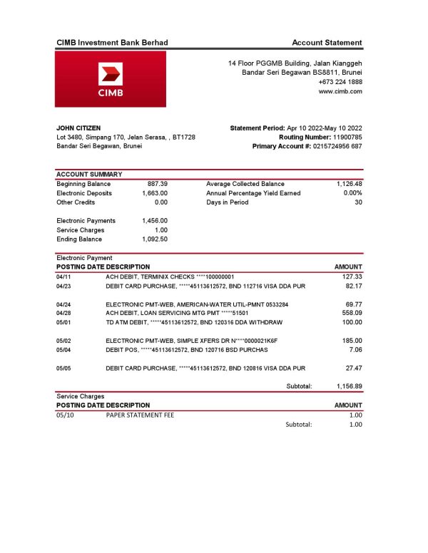 Brunei CIMB bank statement template in Excel and PDF format (autosum)