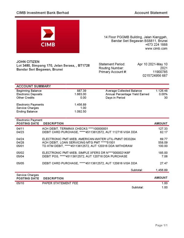 Brunei CIMB proof of addres statement template in Word and PDF format
