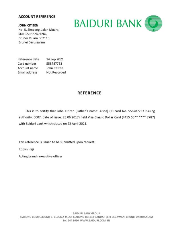 Download Brunei Baiduri Bank Reference Letter Templates | Editable Word