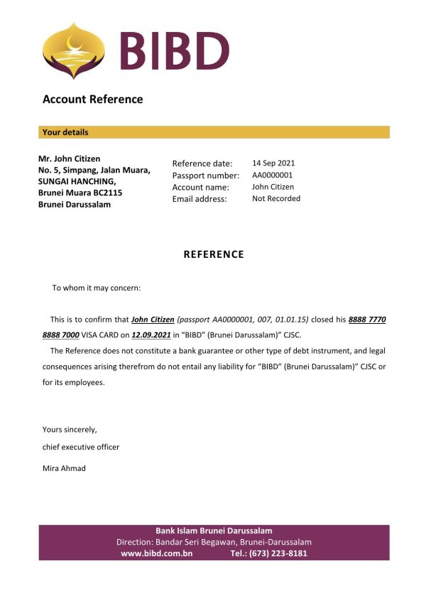 Brunei Islam Darussalam bank account closure reference letter template in Word and PDF format