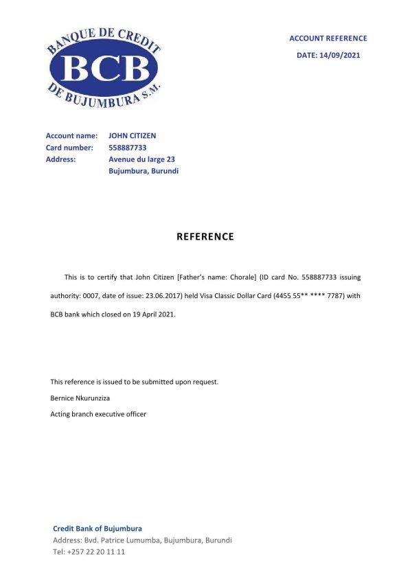 Burundi Credit Bank of Bujumbura bank account closure reference letter template in Word and PDF format