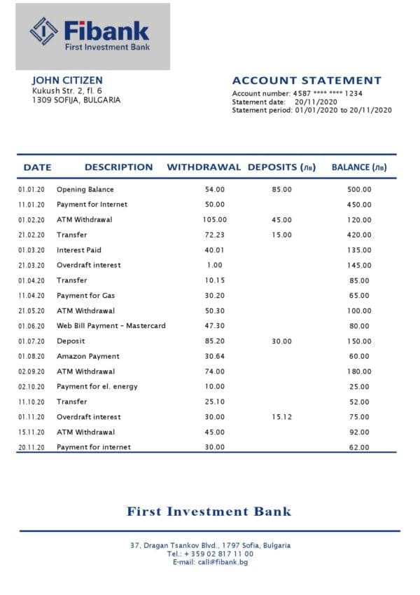 Bulgaria Fibank bank statement template in Word and PDF format