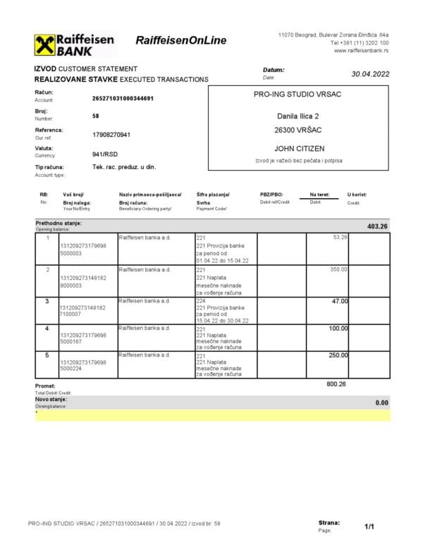 Bulgaria Raiffeisen bank statement, Word and PDF template
