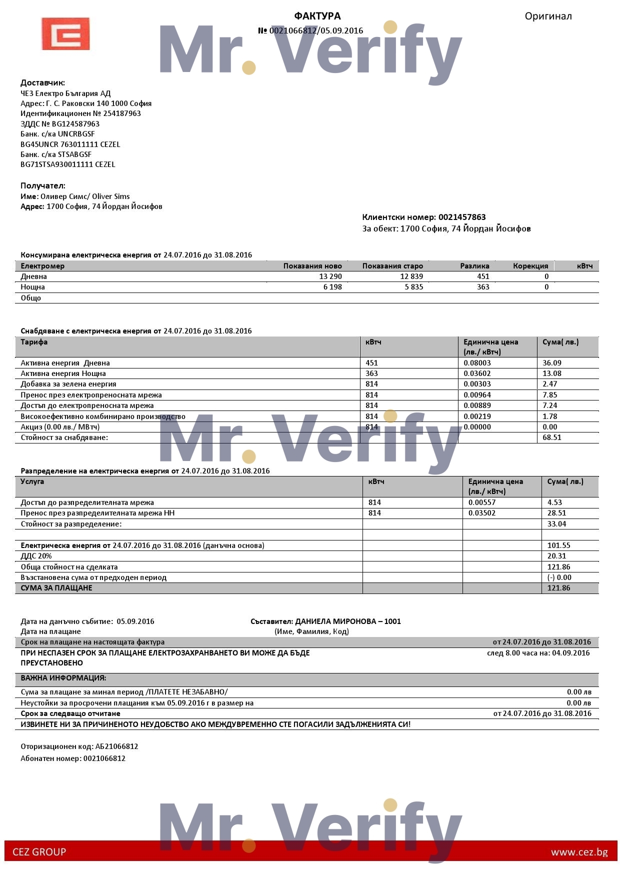 Bulgary electricity utility bill template in Word and PDF