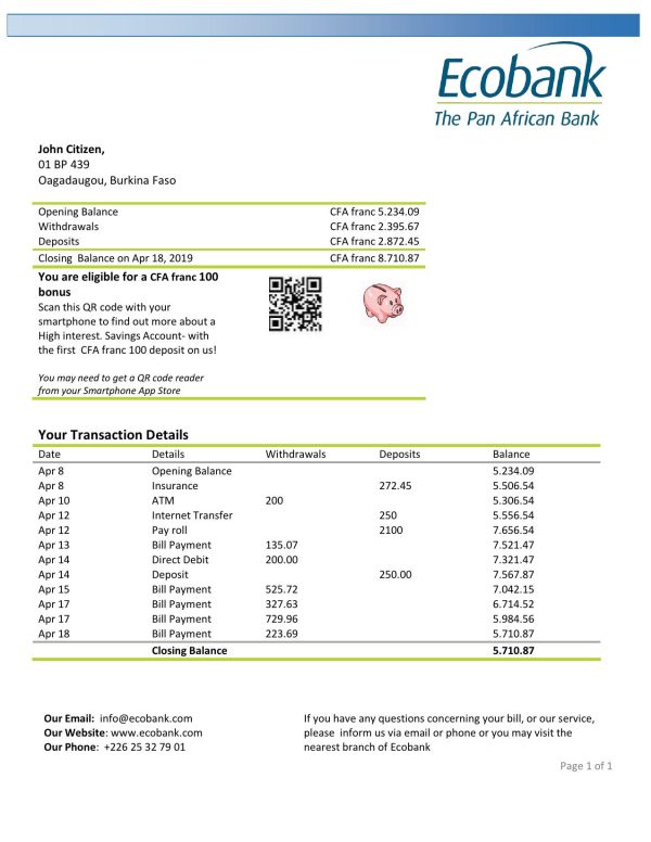Burkina Faso Ecobank proof of address bank statement template in Word and PDF format (.doc and .pdf)