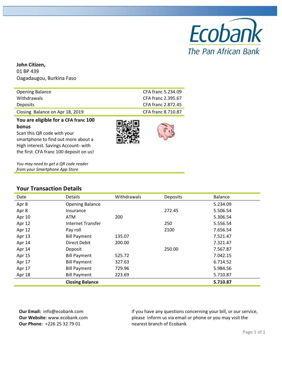 Burkina Faso Ecobank proof of address bank statement template in Word and PDF format (.doc and .pdf)