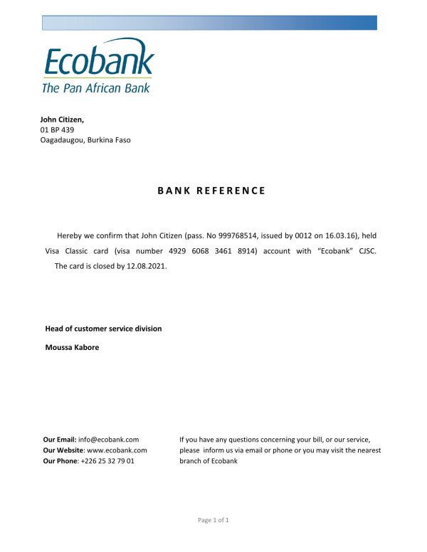 Burkina Faso Ecobank bank account closure reference letter template in Word and PDF format