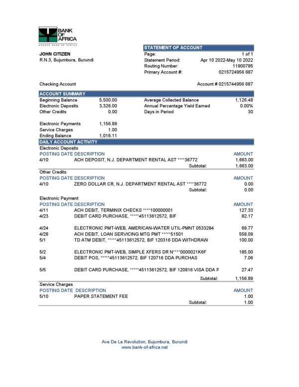Burundi Bank of Africa bank statement Excel and PDF template (AutoSum)