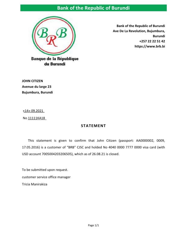 Burundi The Republic Bank of Burundi bank account closure reference letter template in Word and PDF format