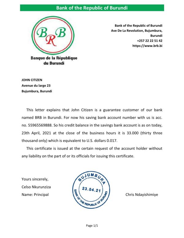 Burundi The Republic Bank of Burundi bank account reference letter template in Word and PDF format