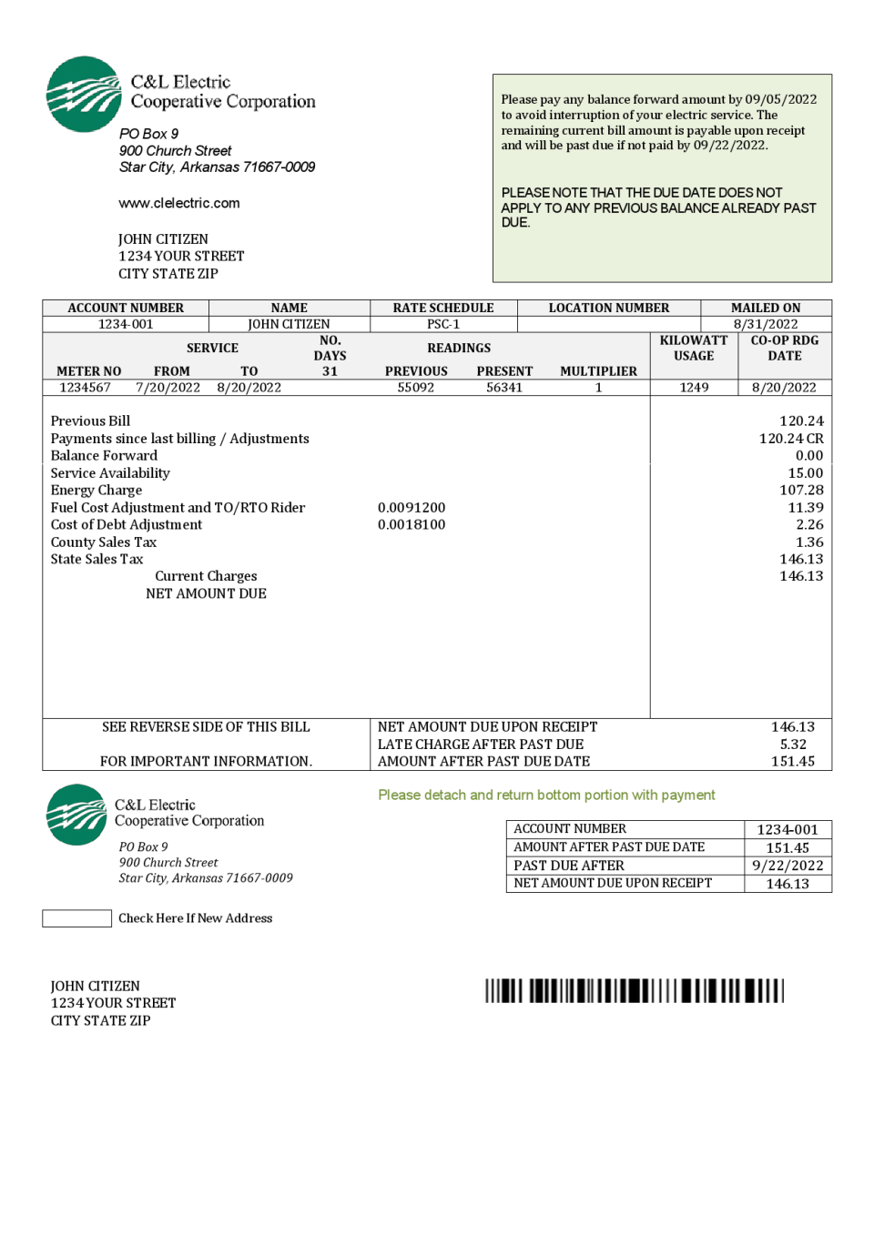 USA Arkansas C & L Electric Cooperative Corporation utility bill template in Word and PDF format