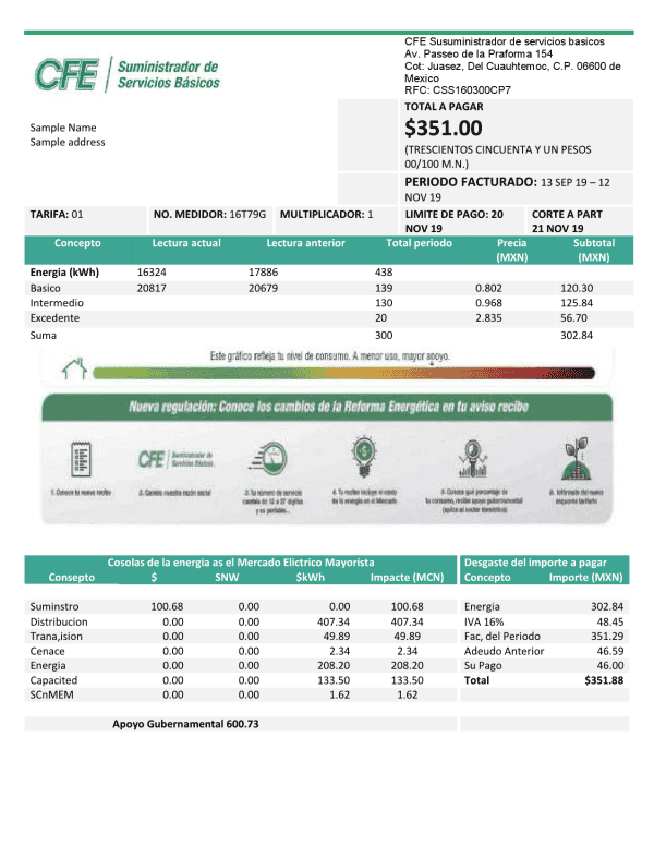 Mexico Electricity CFE utility bill template in Word and PDF format, fully editable
