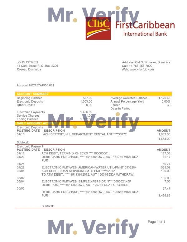 Dominica CIBC First Caribbean International Bank proof of address statement template in Word and PDF format
