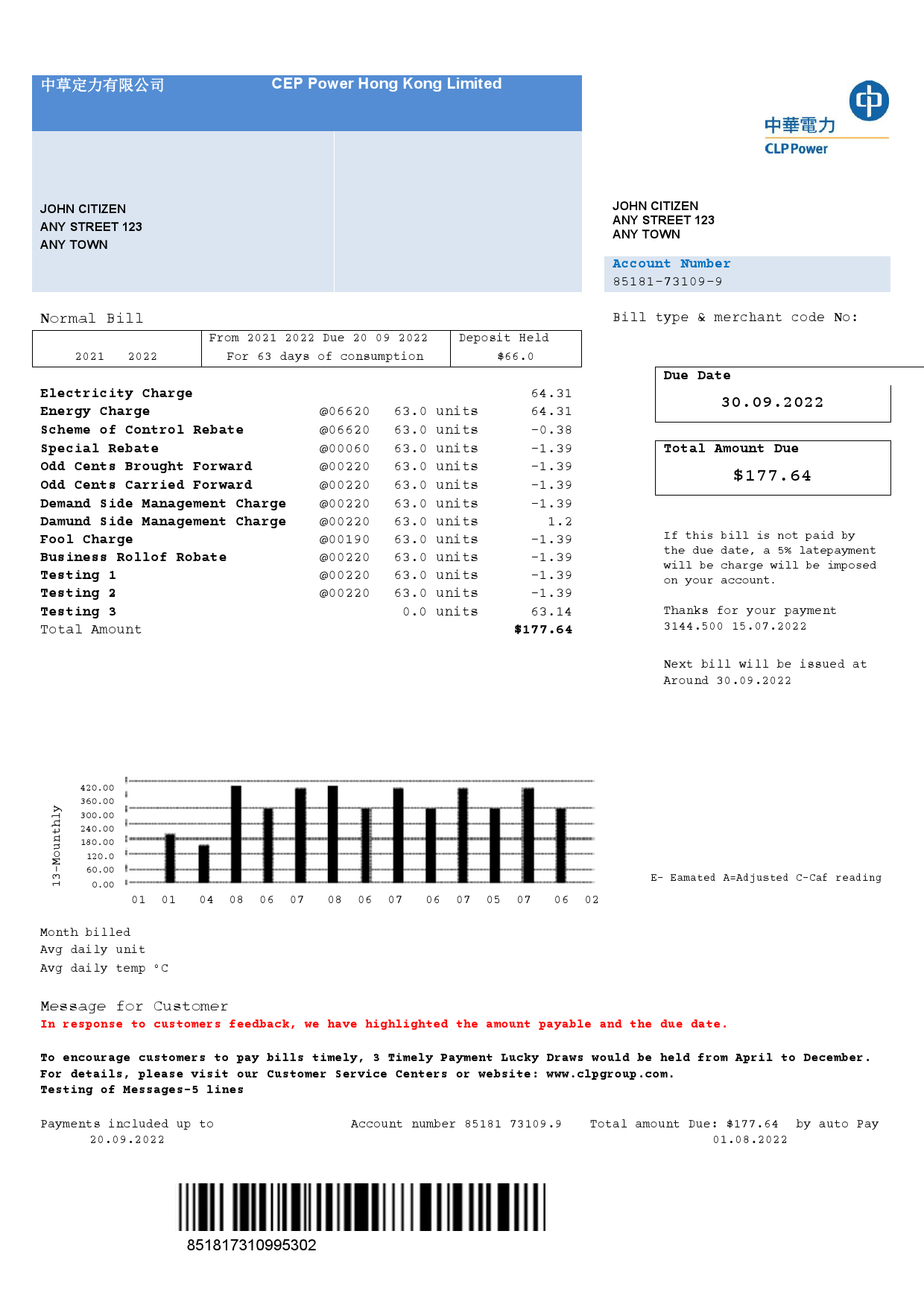 Hong Kong CLP Power Hong Kong Limited utility bill template in Word and PDF format