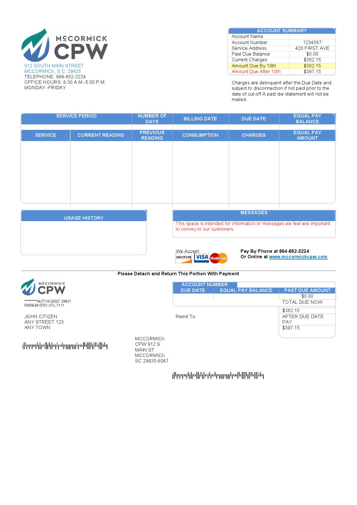 USA CPW utility bill template in Word and PDF format