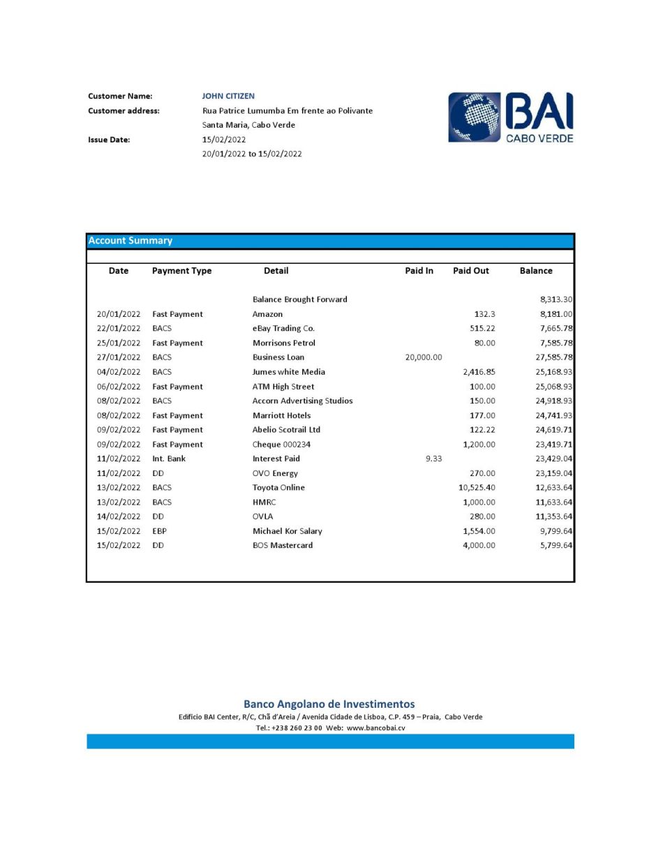 Cabo Verde Banco Africano de Investimentos bank statement Excel and PDF template (AutoSum)