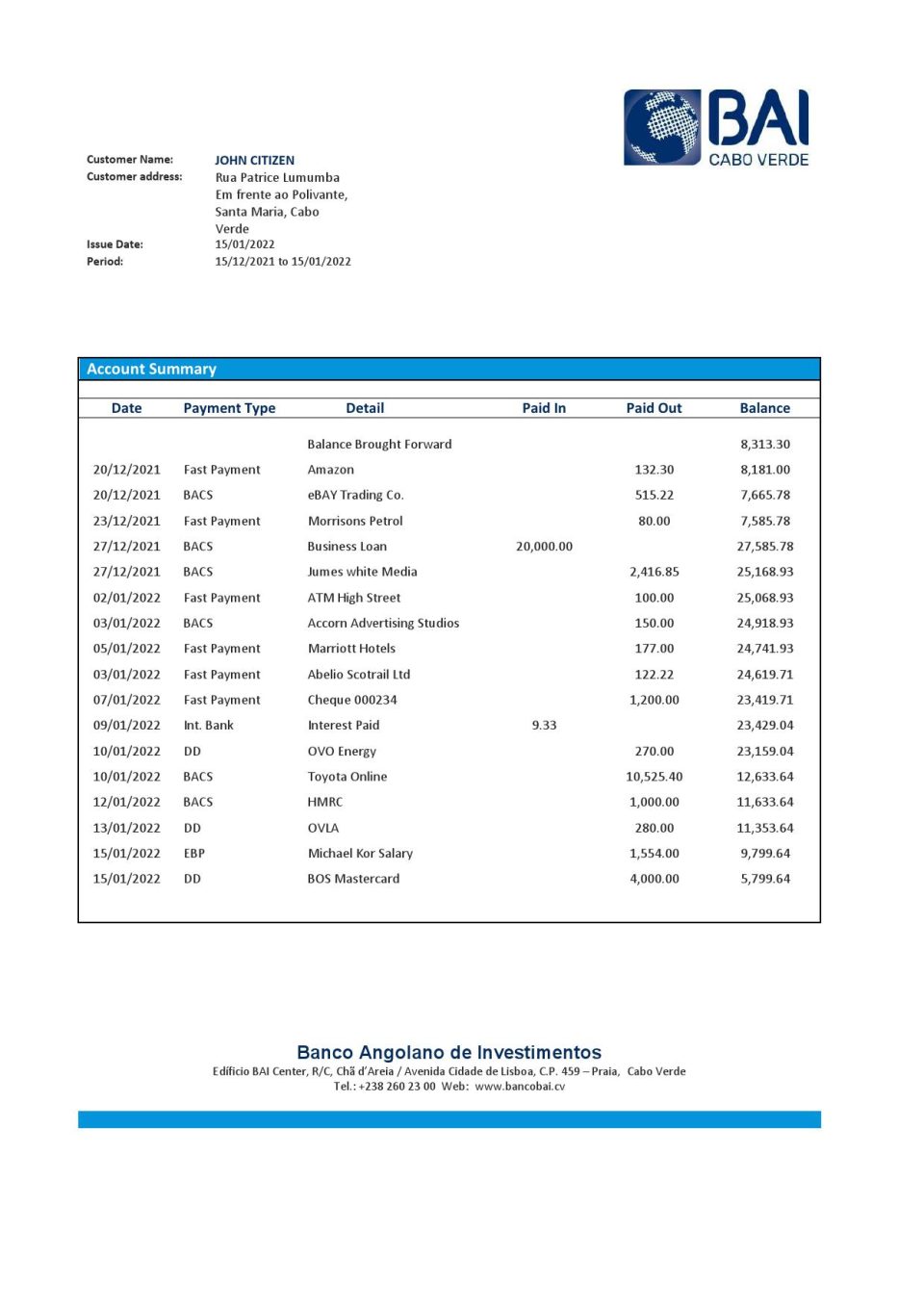 Cabo Verde Banco Africano de Investimento bank statement Word and PDF template