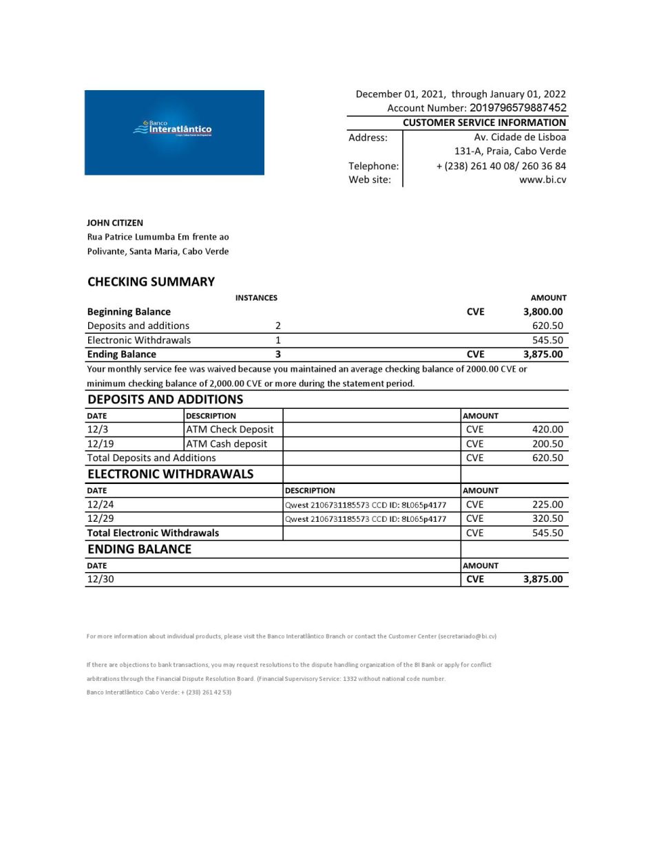 Cabo Verde Banco Inter-Atlântico bank statement Excel and PDF template (AutoSum)