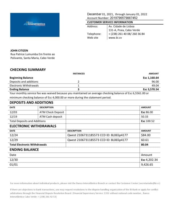 Cabo Verde Banco Inter-Atlântico bank statement Word and PDF template