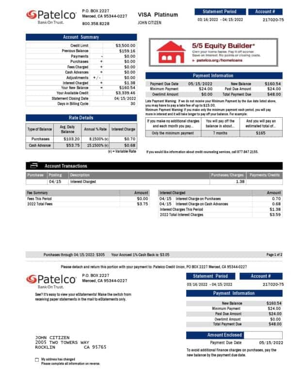 USA California Patelco bank card statement, Word and PDF template, 2 pages