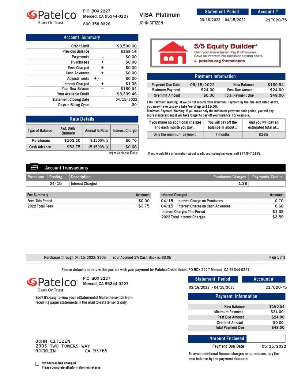 USA California Patelco bank card statement, Word and PDF template, 2 pages