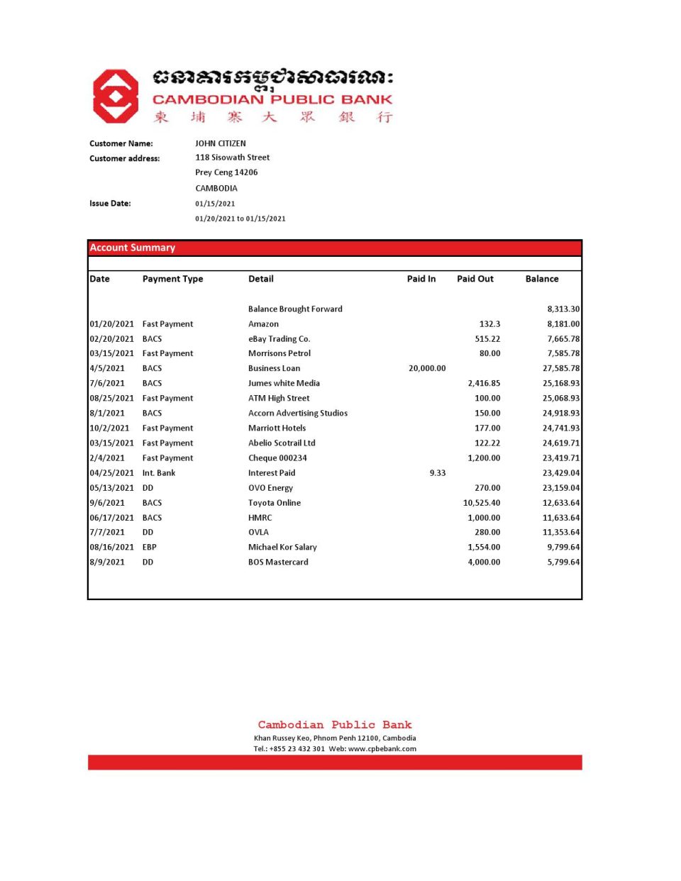 Cambodia Cambodian Public Bank statement easy to fill template in Excel and PDF format