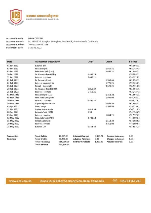 Cambodia Union Commercial bank statement Word and PDF template